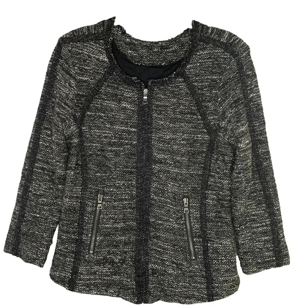 Ann Taylor Black Tweed Zipper Pockets Blazer Size Small